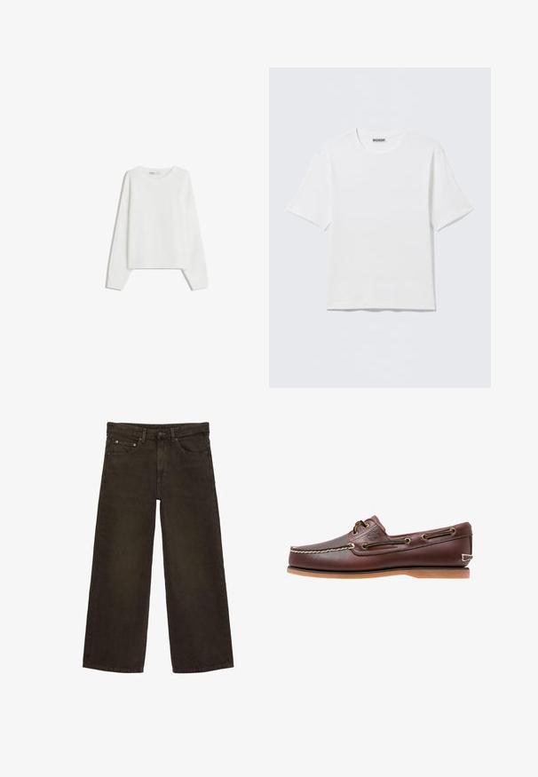 Pull en tricot blanc avec des manches longues, un col rond, des poignets et un ourlet côtelés. Texture douce, coupe ample, sans motifs ni accents visibles.; T-shirt blanc uni à manches courtes et col rond, avec une petite étiquette "WEEKDAY" à l'intérieur du col arrière, présenté à plat.; Jean en denim marron à jambes larges avec poches avant, passants pour ceinture, fermeture par bouton et fermeture éclair.; Chaussure bateau en cuir marron avec coutures blanches, détails de lacets et semelle en caoutchouc beige, vue de côté sur fond blanc.