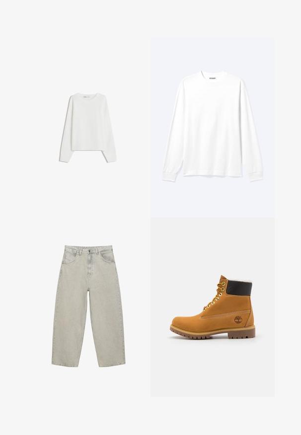 Hvid strikket sweater med lange ærmer, rund halsudskæring, ribbede manchetter og kant. Blød tekstur, løs pasform, ingen synlige mønstre eller accenter.; Langærmet plain hvid skjorte med rund hals og ribkantede manchetter, vist på en neutral lys baggrund.; Lysegrå vidde jeans i denim med forlommer, bæltestropper og knaplukning, vist fladt på en hvid baggrund.; Brune læder ankelstøvle med metaløjer, hvid pelsforing, sort polstret krave, robust sål og præget logo på siden.