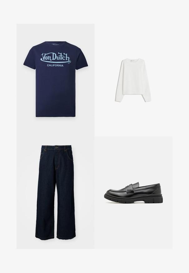 Pull en tricot blanc avec des manches longues, un col rond, des poignets et un ourlet côtelés. Texture douce, coupe ample, sans motifs ni accents visibles.; T-shirt bleu marine à manches courtes avec logo "Von Dutch" bleu clair et texte "California" sur le devant.; Jean large en denim bleu foncé, avec des coutures dorées, une fermeture à bouton et quatre poches. L'ourlet est légèrement effiloché.; Mocassin en cuir noir avec une large sangle sur le devant, semelle en caoutchouc à épaisse rainure, et texture lisse. Design classique et élégant.