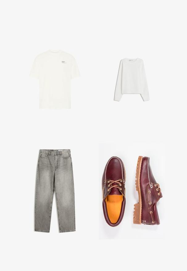 Pull en tricot blanc avec des manches longues, un col rond, des poignets et un ourlet côtelés. Texture douce, coupe ample, sans motifs ni accents visibles.; T-shirt blanc à manches courtes en coton. Il présente un col rond et un petit texte imprimé en noir près de la poitrine, avec une coupe droite.; Pantalons en denim gris avec une coupe droite, dotés de poches avant, d'une fermeture à bouton et d'une texture légèrement décolorée.; Chaussures en cuir bourgogne avec semelles en caoutchouc marron, bout rond, couture blanche et œillets dorés. L'intérieur présente une doublure jaune.