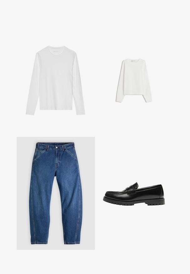 Hvid strikket sweater med lange ærmer, rund halsudskæring, ribbede manchetter og kant. Blød tekstur, løs pasform, ingen synlige mønstre eller accenter.; Langærmet hvid T-shirt lavet af blød bomuld, med rund halsudskæring og en glat tekstur uden synlige mønstre eller accenter.; Blå denimjeans med afslappet pasform, med knaplukning, fem lommer og kontrasterende orange syninger. Glat tekstur over det hele.; Sort læderloafer med en kraftig gummisål og klassiske penny-strap detaljer, vist fra ydersiden.