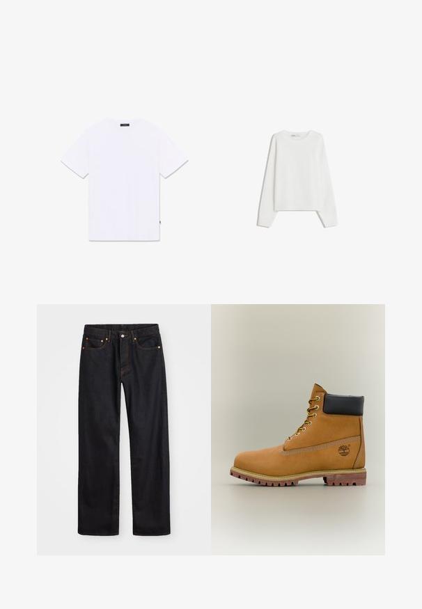 Pull en tricot blanc avec des manches longues, un col rond, des poignets et un ourlet côtelés. Texture douce, coupe ample, sans motifs ni accents visibles.; T-shirt blanc à manches courtes et col rond, présenté à plat de dos, avec une petite étiquette noire à l'encolure et à la couture latérale.; Jean en denim noir pour hommes, coupe droite, avec cinq poches et surpiqûres orange, fermeture par bouton et zip à la taille avant.; Bottine en cuir marron avec col noir, lacets jaunes et semelle beige. Présente un logo et des détails de couture blanche. Semelle extérieure à traction robuste.