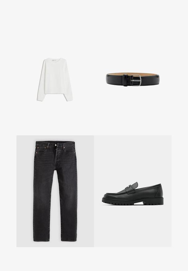 Pull en tricot blanc avec des manches longues, un col rond, des poignets et un ourlet côtelés. Texture douce, coupe ample, sans motifs ni accents visibles.; Jean en denim noir à coupe droite, avec deux poches avant, une poche à monnaie et des rivets en métal. Design classique à cinq poches.; Mocassins en cuir noir à bout arrondi, avec un design cousu, une semelle plateforme basse et une semelle en caoutchouc texturée et crantée.; Ceinture en cuir noir avec une boucle en métal argenté brillant, présentant une texture lisse et un design minimaliste. L'intérieur est beige.