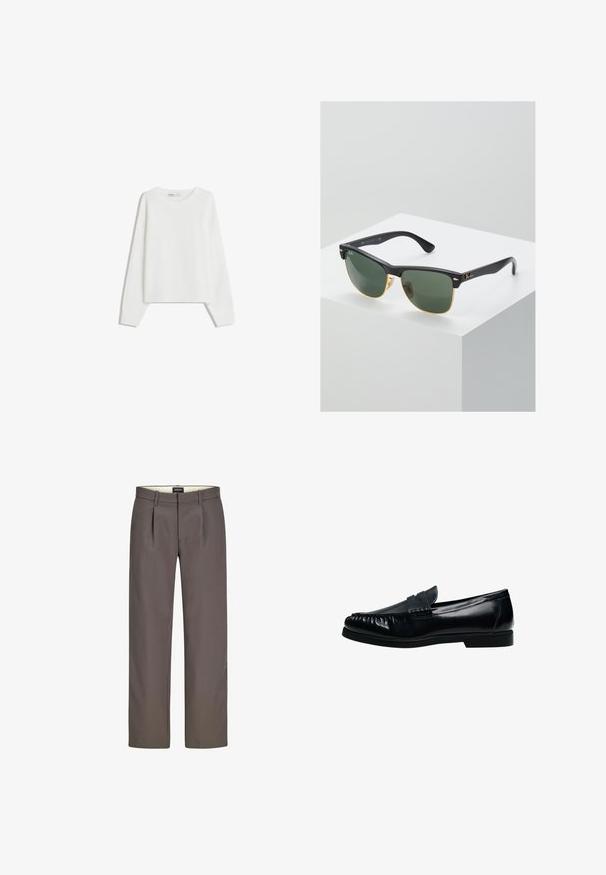 Pull en tricot blanc avec des manches longues, un col rond, des poignets et un ourlet côtelés. Texture douce, coupe ample, sans motifs ni accents visibles.; Pantalons gris avec un design à jambes droites, dotés de plis, d'une fermeture éclair et d'une texture lisse. La doublure interne est de couleur crème.; Mocassin penny loafer pour homme en cuir noir avec bout moc cousu et petit talon, présenté de profil sur fond blanc.; Lunettes de soleil Ray-Ban avec des verres verts, monture en plastique noir et accents dorés sur les bords. Forme carrée avec une finition mate.