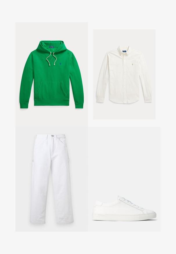 Zelená mikina s kapucňou, predným vreckom, bielymi sťahovacími šnúrkami a malým modrým logom Polo Ralph Lauren na hrudi.; Biela košeľa s dlhým rukávom na gombíky s golierom a vyšívaným logom Polo Ralph Lauren na ľavej strane hrudníka.; Biele nohavice s vysokým pásom a rovnými nohavicami, s pútkami na opasok, prednými vreckami, zapínaním na gombíky a bočným úžitkovým vreckom na jednofarebnom pozadí.; Biele kožené tenisky s hladkým povrchom, zaobleným tvarom, plochou gumenou podrážkou a bielymi šnúrkami. Majú minimalistický dizajn a nenápadné branding.