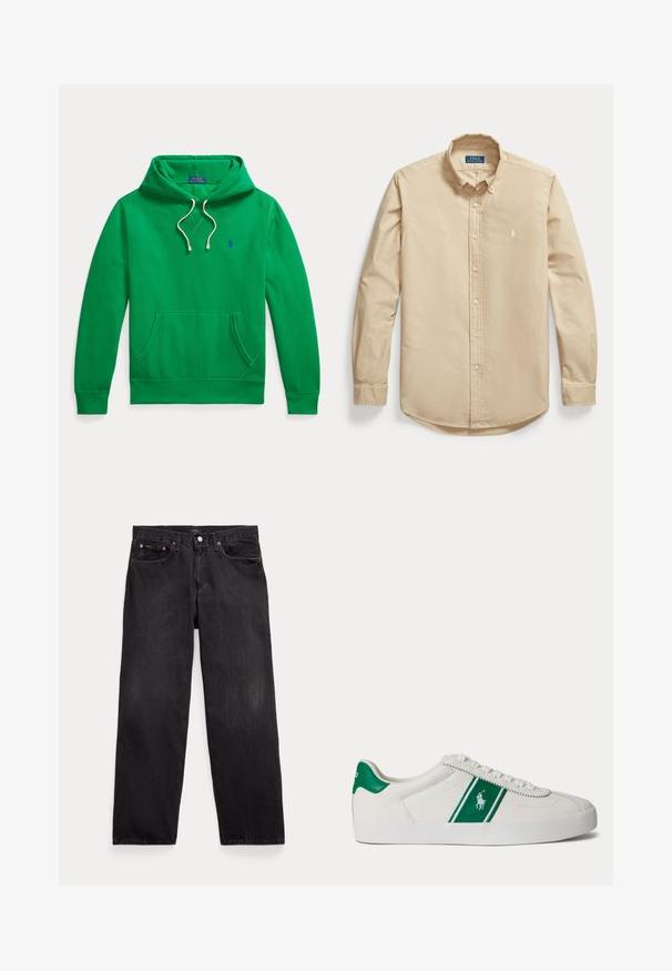 Roheline kapuutsiga dressipluus ees tasku, valgete nöörikeste ja väikese sinise Polo Ralph Lauren logoga rinnal.; Beežika värvi pikkade varrukatega nööbitav särk, nööbitava kraega ja vasakul rinnal väike tikandiga logo.; Mustad sirgete lõikega teksapüksid viie tasku, nööpidega kinnituse ja nähtavate metallnappidega esimestel taskutel.; Valge madala säärega toss roheline triibu ja Polo logoga küljel, rohelise kandmisega ja valgete paeltega, esitatud vasakult küljelt lihtsal taustal.