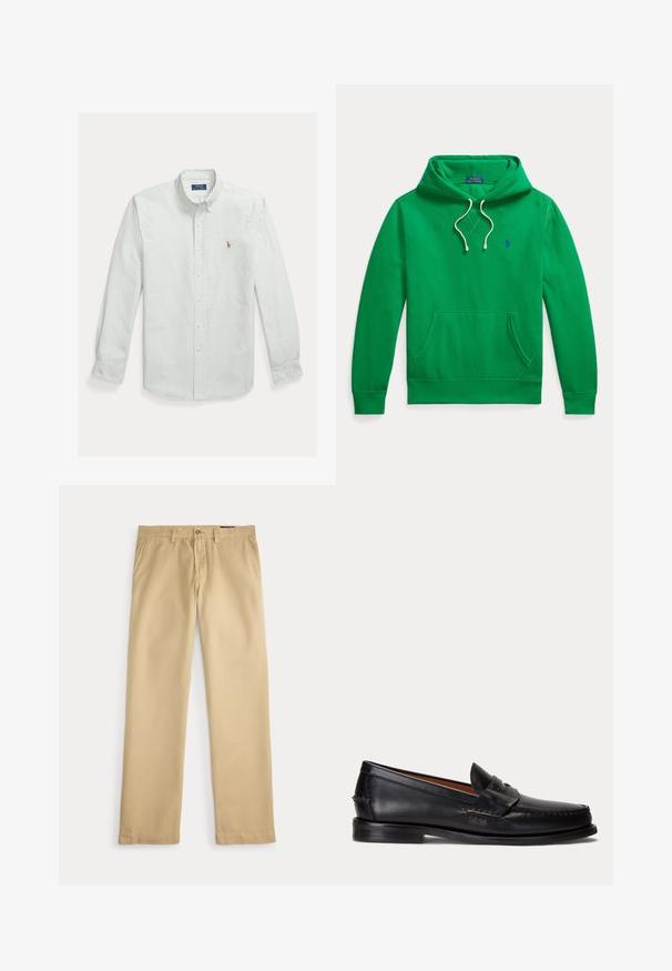 Zelená mikina s kapucňou, predným vreckom, bielymi sťahovacími šnúrkami a malým modrým logom Polo Ralph Lauren na hrudi.; Svetlozelená a bielo pruhovaná bavlnená košeľa s gombíkmi, vybavená klasickým golierom a malým vyšívaným logom na hrudi.; Béžové nohavice s rovnými nohavicami, pútkami na opasok, bočnými vreckami a zapínaním na gombíky na bielom pozadí.; Čierny kožený mokasín s nízkym podpätkom a detailom s penny remienkom, zobrazený z boku na svetlosivom pozadí.