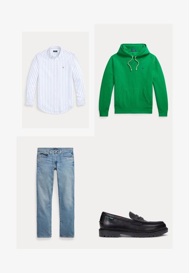 Grøn hættetrøje med forlompe, hvide snore og lille blå Polo Ralph Lauren-logo på brystet.; Langærmet skjorte med knapper, lyseblå lodrette striber og et lille broderet logo på venstre bryst.; Lyseblå jeans med lige ben, forlommer og knaplukning, lagt fladt på en hvid baggrund.; Sort læderloafer med tyk, mønstret sål og lille grøn "Polo"-mærke på ydersiden nær hælen.