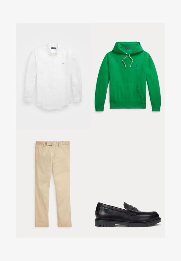 Groene capuchontrui met voorzak, witte trekkoorden en klein blauw Polo Ralph Lauren-logo op de borst.; Witte lange mouwen shirt van katoen met een button-down kraag, voorzien van een klein marineblauw logo op de linkerborst en klassieke knoopsluiting.; Beige broek met rechte pijpen, ceintuurlussen en een voorrits, plat gelegd tegen een witte achtergrond.; Zwarte leren loafer met dikke geprofileerde zool en klein groen "Polo" label aan de buitenkant bij de hiel.