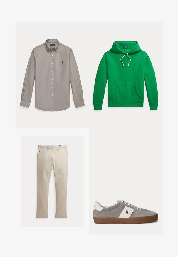 Roheline kapuutsiga dressipluus ees tasku, valgete nöörikeste ja väikese sinise Polo Ralph Lauren logoga rinnal.; Helehall pikkade varrukatega nööpidega särk kraega ja sinise Polo Ralph Lauren tikitud logoga vasakul rinnal.; Beežid sirgete säärega puuvillased püksid ees taskute, vööaasade, nööbi- ja tõmblukuga, laotatud valgel taustal.; Madala säärega hall seemisnahast tennisking valgete paelte, valge kannatüki ja külgpaneeliga, millel on must polo mängija logo, ning pruuni kummist tallaga.