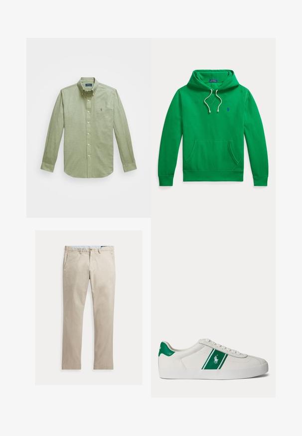 Grøn hættetrøje med forlompe, hvide snore og lille blå Polo Ralph Lauren-logo på brystet.; Lys grøn langærmet skjorte med knapper, som har en spids krave, et lille broderet logo på brystet og perleknapper.; Beige bomuldsbukser med lige ben, forlommer, bæltestropper, knaplukning og lynlås, lagt fladt på en hvid baggrund.; Hvid low-top sneaker med grøn stribe og Polo-logo på siden, grøn hæl-flik og hvide snørebånd, vist fra venstre side på ensfarvet baggrund.