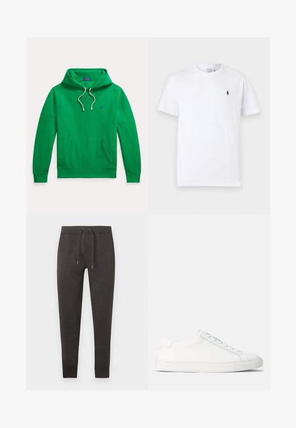 Zelená mikina s kapucňou, predným vreckom, bielymi sťahovacími šnúrkami a malým modrým logom Polo Ralph Lauren na hrudi.; Biele tričko s krátkym rukávom a okrúhlym výstrihom, s malým tmavomodrým logom hráča póla na ľavej strane hrudníka.; Tmavomodré tepláky z mäkkého materiálu, s elastickým pásom na šnúrku, zužujúcimi sa nohavicami a manžetami pri členkoch.; Biele kožené tenisky s hladkým povrchom, zaobleným tvarom, plochou gumenou podrážkou a bielymi šnúrkami. Majú minimalistický dizajn a nenápadné branding.