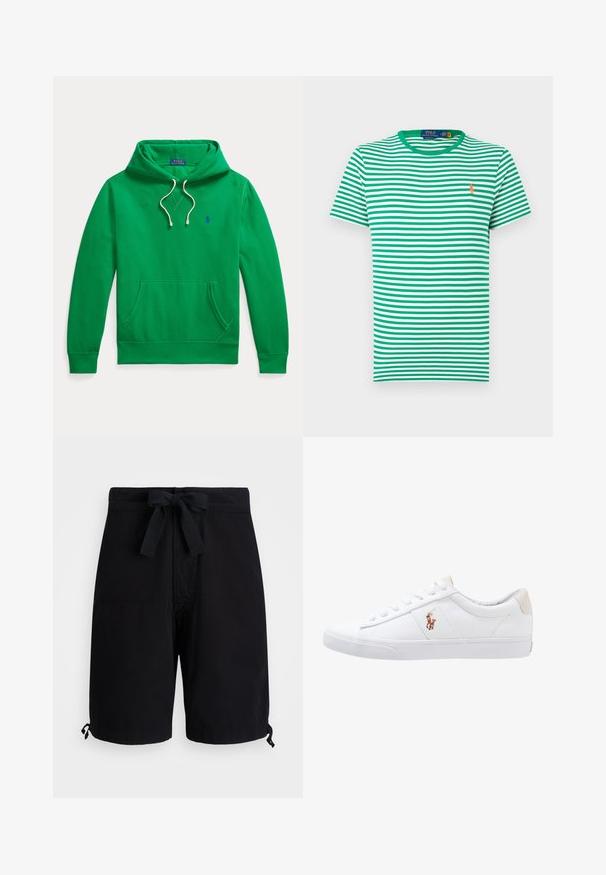 Grüner Kapuzenpullover mit Bauchtasche, weißen Kordeln und kleinem blauem Polo Ralph Lauren Logo auf der Brust.; Grün-weiß gestreiftes T-Shirt mit kurzen Ärmeln, rundem grünem Kragen und kleinem orangefarbenem Logo auf der linken Brust.; Schwarze Badehose aus leichtem Stoff, mit einem Kordelzug an der Taille und verstellbaren Toggle-Details an den Säumen.; Weiße Leinensneaker im Low-Top-Design mit einem beigen Ferseneinsatz und einem kleinen gestickten Logo an der Seite. Gummisohle.