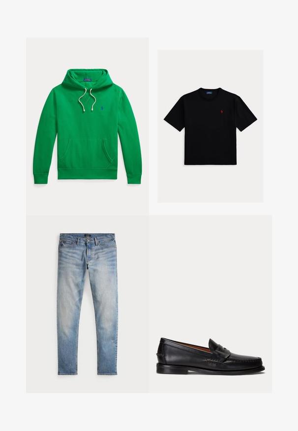 Roheline kapuutsiga dressipluus ees tasku, valgete nöörikeste ja väikese sinise Polo Ralph Lauren logoga rinnal.; Mustast puuvillast lühikeste varrukatega T-särk, millel on ümara kaelusega ja vasakul rinnal väike punane polo logo.; Heledad sinine teksapüksid, tuhm finish, viie tasku disain ja kontrastne õmblus. Omab tõmblukku ja vööauke. Sirge lõige.; Mustast nahast loafer madala kontsa ja penny rihma detailiga, näidatud küljelt helehallil taustal.