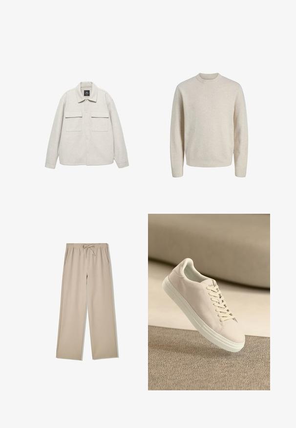 Pull beige à col rond avec des manches longues, texture en maille et une coupe légèrement décontractée. Design simple sans motifs ni accents supplémentaires.; Veste en sherpa gris clair avec un devant boutonné, deux poches poitrine et un col classique. Texture douce et design décontracté.; Pantalon beige à jambes larges avec taille élastique et cordon de serrage, doté de poches latérales, posé à plat sur fond blanc.; Baskets en suède beige avec semelle et lacets blancs, présentées en suspension au-dessus d'un tapis beige texturé sur fond beige doux.