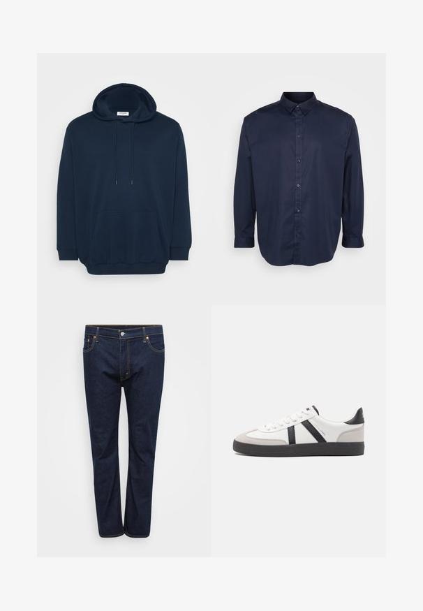 Navyblauer Hoodie aus Baumwollmischung mit einer Kapuze zum Schnüren, vorderer Kängurutasche, gerippten Bündchen und einem lässigen Schnitt.; Dunkelblauses Langarmhemd aus glattem Stoff, mit spitzem Kragen, knöpfbarem Verschluss und abgerundetem Saum.; Dunkelblaue Denim-Jeans mit geradem Bein, sichtbar abgenäht in kontrastierendem Gelb, fünf Taschen und einem vorderen Knopfverschluss.; Weiße Sneaker mit schwarz- und grau-aczenten, ausgestattet mit einer strukturierten grauen Zehenkappe, schwarzer Gummi-Sohle und flachen weißen Schnürsenkeln. Sauberes Design, minimalistische Stil.