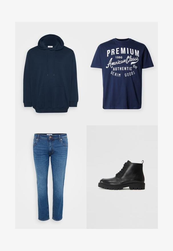 Navyblauer Hoodie aus Baumwollmischung mit einer Kapuze zum Schnüren, vorderer Kängurutasche, gerippten Bündchen und einem lässigen Schnitt.; Marineblaues T-Shirt mit kurzen Ärmeln und weißem Text auf der Vorderseite: "PREMIUM 1990 American Classic Authentic Denim Goods".; Jeans aus Denim in einem mittleren Blauton, mit einem geraden Bein Design, fünf Taschen-Stil und einem Knopfverschluss an der Taille.; Schwarze Leder Stiefeletten mit runder Zehe, Schnürverschluss und strukturiertem Gummisohle. Mit einer Ziehlasche an der Ferse für einfaches Anziehen.