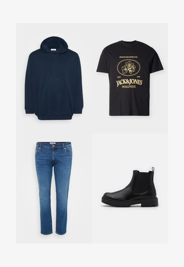 Navyblauer Hoodie aus Baumwollmischung mit einer Kapuze zum Schnüren, vorderer Kängurutasche, gerippten Bündchen und einem lässigen Schnitt.; Schwarzes T-Shirt mit kurzen Ärmeln und gelbem Blumenmotiv, Text "FROM HOLMEN DISTRICT CPH," "EST. 1990," "JACK & JONES" und "WORLDWIDE" auf der Vorderseite.; Jeans aus Denim in einem mittleren Blauton, mit einem geraden Bein Design, fünf Taschen-Stil und einem Knopfverschluss an der Taille.; Zign LEATHER - Stiefelette - black