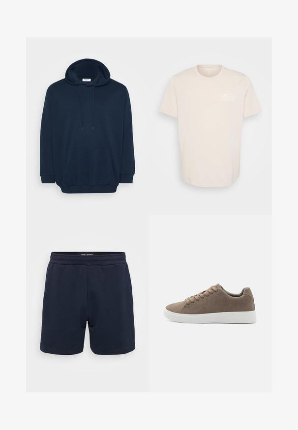 Navyblauer Hoodie aus Baumwollmischung mit einer Kapuze zum Schnüren, vorderer Kängurutasche, gerippten Bündchen und einem lässigen Schnitt.; Hellbeige Baumwoll-T-Shirt mit rundem Ausschnitt, kurzen Ärmeln und einem kleinen weißen Logo auf der linken Brustseite. Glatte Textur.; Marineblaue Baumwollshorts mit einem elastischen Bund, ausgestattet mit einer glatten Textur und genähten Säumen. Kleines Markenlogo an der Seite.; Braune Wildledersneaker mit flachen weißen Gummisohlen, Schnürdesign, abgerundete Zehen und einer glatten Textur. Minimalistischer Stil mit dezenten Nähdetails.