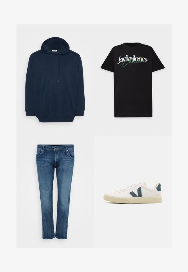 Navyblauer Hoodie aus Baumwollmischung mit einer Kapuze zum Schnüren, vorderer Kängurutasche, gerippten Bündchen und einem lässigen Schnitt.; Schwarzes kurzärmeliges T-Shirt mit einem bunten "Jack & Jones Denim"-Logo in der Mitte der Brust.; Blaue Denim-Jeans mit geradem Bein, ausgestattet mit vorderen Taschen, einem Reißverschluss und dezentem Verblassen. Klassischer Stil mit mittlerem Wasch-Effekt.; Weißes Ledersneaker mit einem Logo aus türkisem Wildleder, runder Zehenpartie, Schnürdesign und Gummisohle mit strukturierten Details. Markenname "VEJA" in Gold.