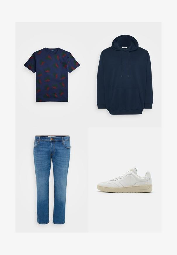 Marineblå hoodie i bomuldsblanding med justerbar hætte, frontlomme i kenguru-stil, ribbede manchetter og et afslappet fit-design.; Marineblå bomulds t-shirt med et gentaget mønster af røde og grønne vinge-designs. Har rund hals og korte ærmer.; Blå denim jeans med lige ben, fem lommer og kontraststikning. Har en knaplukning og bæltestropper langs taljen.; Hvide lædersneakers med struktureret overflade og polstret krave. Har en beige gummisål og diskret branding på hælen og siden.
