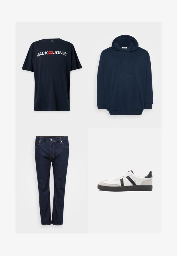 Marineblå hoodie i bomuldsblanding med justerbar hætte, frontlomme i kenguru-stil, ribbede manchetter og et afslappet fit-design.; Sort T-shirt med korte ærmer med hvid "JACK JONES" tekst og et rødt firkantet logo centreret på brystet.; Mørkeblå denim jeans med lige ben, der har synlige stikninger i kontrasterende gul, fem lommer og en frontlukning med knap.; Hvide sneakers med sorte og grå detaljer, med en tekstureret grå tåhætte, sort gummisål og flade hvide snørebånd. Rent design, minimalistisk stil.