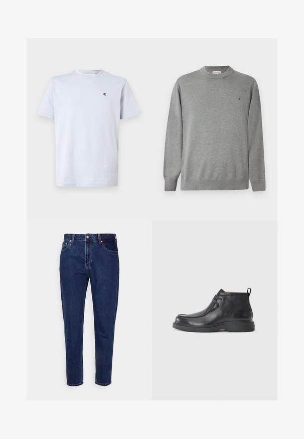 Suéter de cuello redondo gris claro hecho de tejido de punto. Presenta puños y dobladillo acanalados, con un pequeño logo negro en el lado izquierdo del pecho.; Camiseta de cuello redondo de manga corta en azul claro liso, con un pequeño logo negro "cK" en el lado izquierdo del pecho, sobre un fondo blanco.; Vaqueros de mezclilla azul oscuro de corte recto, con cierre frontal de botón y cremallera, trabillas para cinturón y bolsillos delanteros y traseros.; Botas de cuero negras hasta el tobillo con punta redondeada, diseño con cordones y una lengüeta en la parte trasera. Parte superior texturizada y suela de goma.
