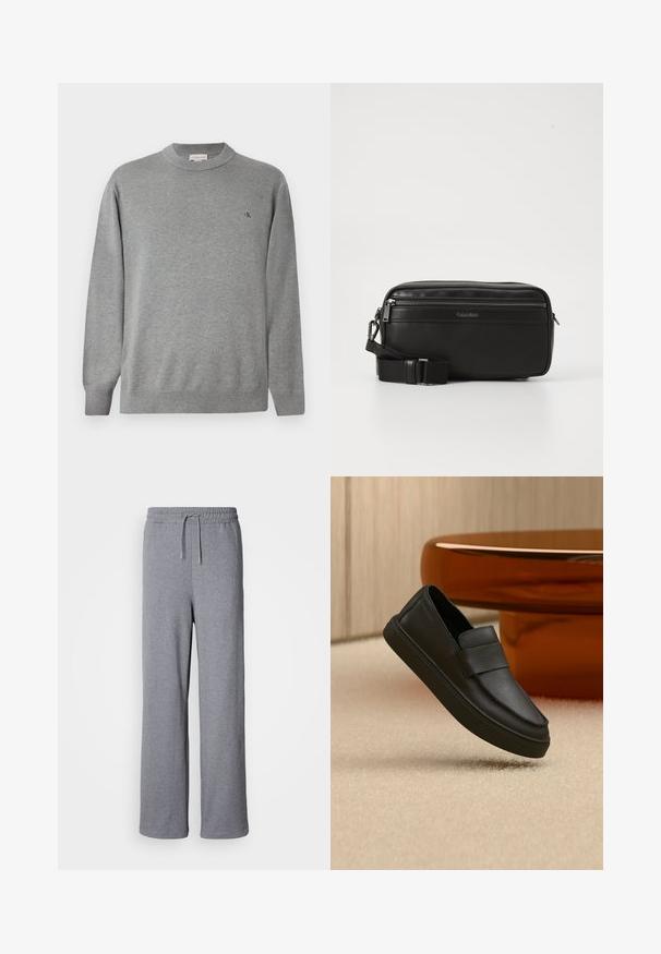 Suéter de cuello redondo gris claro hecho de tejido de punto. Presenta puños y dobladillo acanalados, con un pequeño logo negro en el lado izquierdo del pecho.; Pantalones de chándal anchos y grises, hechos de material suave; cuentan con una cintura elástica con cordón y sin bolsillos. Diseño simple y sin adornos.; Zapato mocasín de piel negra tipo slip-on con una tira sobre la parte superior, colocado sobre una alfombra beige y junto a una mesa redonda marrón.; Bolso cruzado de cuero negro con un compartimento con cremallera, superficie texturizada, correa ajustable y marca Calvin Klein en la parte frontal.