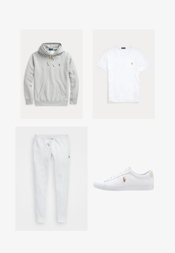 Helehall kapuutsiga pusa ees kängurutasku, kapuutsil nöör ja vasakul rinnal väike tumesinine Polo Ralph Laureni logo.; Valge lühikeste varrukatega ümara kaelusega T-särk, millel on väike Polo Ralph Laureni tikitud logo vasakul rinnal ning sinine kaubamärgi silt krae sees.; Valged dressipüksid pehmest kangast, millel on nööriga vöökoht, küljetaskud ja soonikkoes mansetid. Väike logo reie peal.; Valge kanvasest tennis, madala lõikega disain, millel on beež kontsapink ja väike tikitud logo küljel. Kummi välissole.