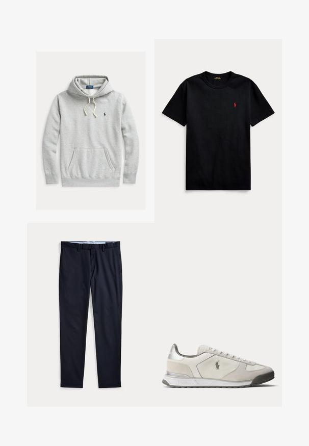 Svetlošedá mikina s kapucňou, predným klokanie vreckom, šnúrkou na kapucni a malým tmavomodrým logom Polo Ralph Lauren na ľavej strane hrude.; Čierne bavlnené tričko s krátkymi rukávmi, okrúhlym výstrihom a malým červeným vyšívaným logom na ľavej hrudi. Hladká textúra, ležérny dizajn.; Pánske spoločenské nohavice námornícko modrej farby s pútkami na opasok, zipsom a bočnými vreckami, položené na bielom pozadí.; Nízky biely a svetlosivý teniska s logom Polo na boku, so šnurovaním vpredu a strieborným akcentom na päte.