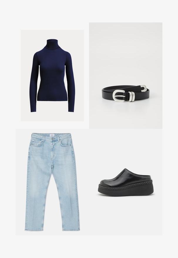 Navyblå ribstrikket langærmet polotrøje med tætsiddende silhuet på ensartet lys baggrund.; Lys blå denim jeans med straight cut, fem lommer, knaplukning og let falming. Syede detaljer langs sømmene.; Sorte blanke klodser med platform, rund tå, buet overdelen og kontrasterende hvid sting langs kanten af sålen.; Sort læderbælte med en sølvfarvet dobbeltspænde. Glat tekstur, flad form, med huller til justering og et slankt design.