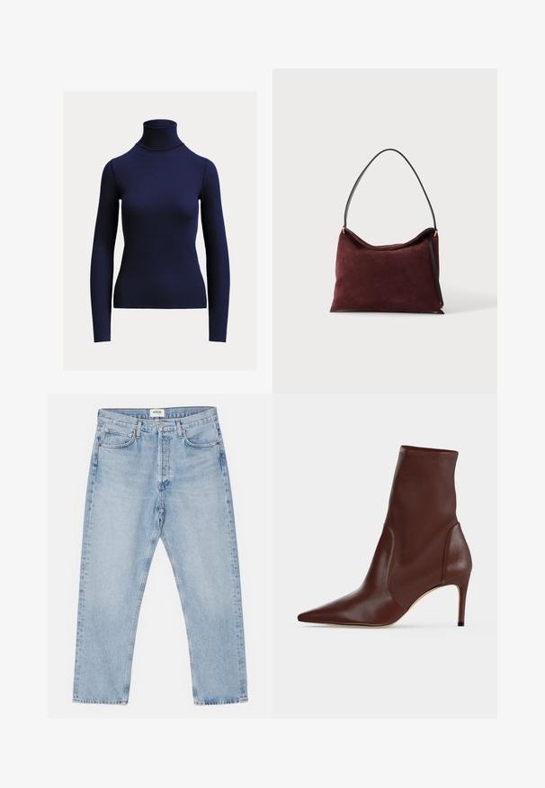 Marineblauwe geribde coltrui met lange mouwen en aansluitende pasvorm op een effen lichte achtergrond.; Lichtblauwe denim jeans met een klassieke rechte pasvorm, vijf zakken en een knoopsluiting, met subtiele vervaging en een stevige textuur.; Donkerbruine leren enkellaars met spitse neus en smalle hoge hak tegen een effen lichte achtergrond.; Zachte kastanjebruine suède handtas met zwarte schouderriem en gouden hardware, weergegeven op een witte achtergrond.