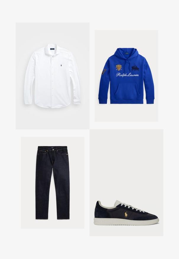 Blauwe hoodie met voorvak, trekkoorden, geborduurd Polo Ralph Lauren-logo, wapen en "Ralph Lauren"-schrift over de borst.; Witte lange mouwen knoopshirt van katoen. Heeft een klassieke kraag, normale pasvorm en een klein marineblauw logo op de borst.; Donker indigoblauwe rechte jeans met vijf zakken, knoop- en ritsluiting en contrasterende oranje stiksels op een effen achtergrond.; Marine leren en suède sneaker met een witte rubberen zool, voorzien van een gouden logo en witte veters, en een gestructureerd ontwerp op de bovenkant.