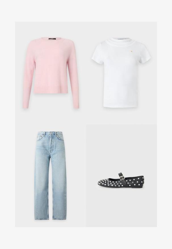 Lyserød langærmet strikket sweater med ribbede manchetter, kant og rund halsudskæring, vist på en ensfarvet lys baggrund.; Hvid T-shirt med korte ærmer, rund lagdelt halsudskæring og lille guldfarvet emblem på venstre bryst.; Lyseblå denim jeans med højtaljet snit og lige bukseben, med for-lynlås og knaplukning, forlommer og bæltestropper.; Sorte læder flade sko med rund tå, prydet med sølvnitter i et prikket mønster og en spænde rem over vristen.