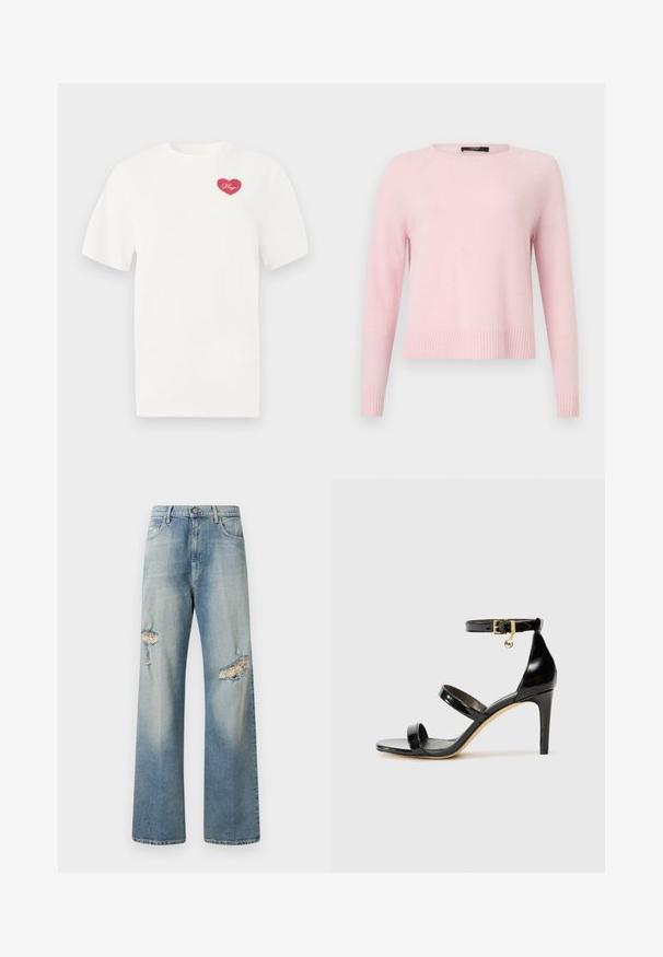 Lyserød langærmet strikket sweater med ribbede manchetter, kant og rund halsudskæring, vist på en ensfarvet lys baggrund.; Hvid bomulds t-shirt med et rosa hjerteformet grafisk design med ordet "Hugs" i kursiv. Korte ærmer og afslappet pasform.; Lysblå denim bredbenede bukser med slidte huller fortil, knaplukning og klassisk fem-lommer design. Blød tekstur.; Sorte patenterede lædersandaler med tre stropper, ankelspænde og 10 cm stiletthæl. Har detaljer i guld og et logo charms.