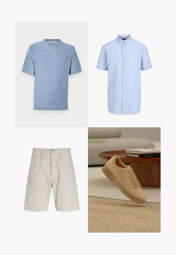Light blue short-sleeve knit shirt with crew neck and textured fabric, labeled "ONLY & SONS" inside the collar.; Light blue short-sleeve button-up shirt with a button-down collar and small embroidered logo on the left chest.; Light beige denim shorts with front button and zipper, belt loops, and five pockets, shown against a white background.; Beige lace-up sneaker floating above textured carpet with wooden coffee table and stacked books in blurred background.