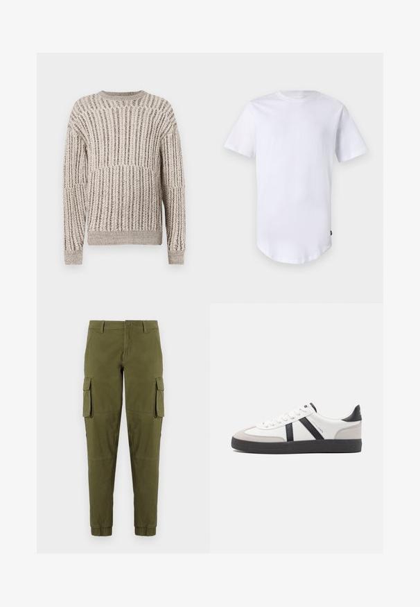 Beige strukturierter Pullover mit vertikalem Rippmuster, Rundhals-Ausschnitt und langen Ärmeln. Weiches Material mit einem leicht lockeren Schnitt.; Weißes T-Shirt mit kurzen Ärmeln aus Baumwolle. Rundhalsausschnitt mit abgerundetem Saum. Etikett auf der unteren linken Seite sichtbar. Glatte Textur.; Olivgrüne Cargo-Hosen mit elastischen Bündchen, ausgestattet mit zwei seitlichen Cargo-Taschen, einem vorderen Knopfverschluss und einem glatten, leichten Stoff.; Weiße Sneaker mit schwarz- und grau-aczenten, ausgestattet mit einer strukturierten grauen Zehenkappe, schwarzer Gummi-Sohle und flachen weißen Schnürsenkeln. Sauberes Design, minimalistische Stil.