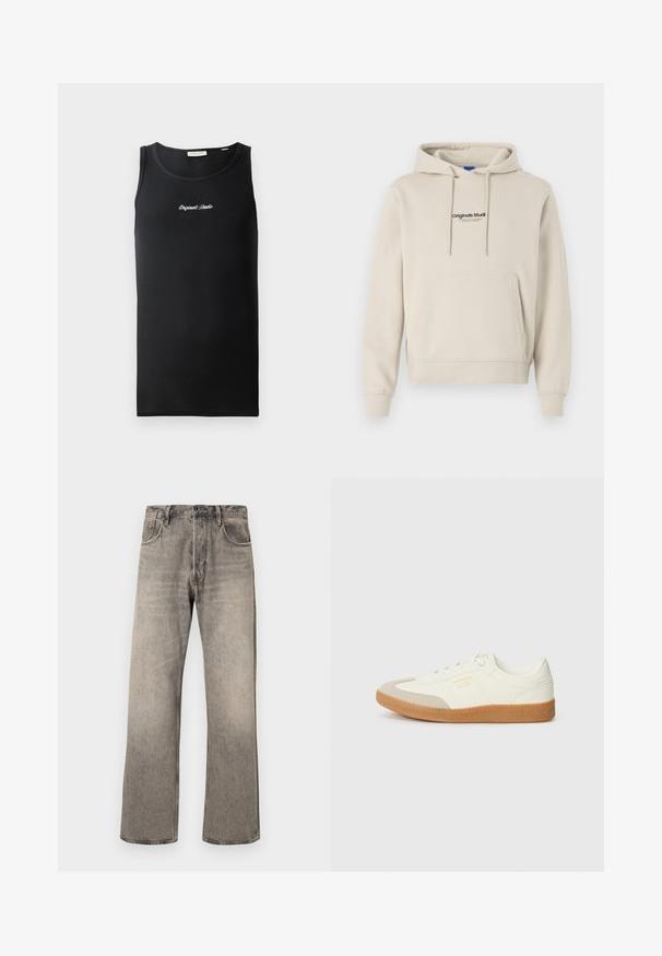 Beige sweatshirt met een capuchon, voorste kangoeroezak en tekstlogo 'Originals Studio'; heeft lange mouwen en geribbelde manchetten.; Zwarte tanktop van ribstof. Voorzien van een ronde halslijn en een klein wit "Originals Studio" logo op de borst.; Lichtgrijze, wijde jeans van denim met een vervaagde afwerking. Voorzien van een traditionele vijf-pocket ontwerp en een riemlus tailleband.; Schoen gemaakt van wit leer met een beige teenkap en een lichtbruine rubberen zool. Voorzien van platte witte veters en reliëfbranding aan de zijkant.