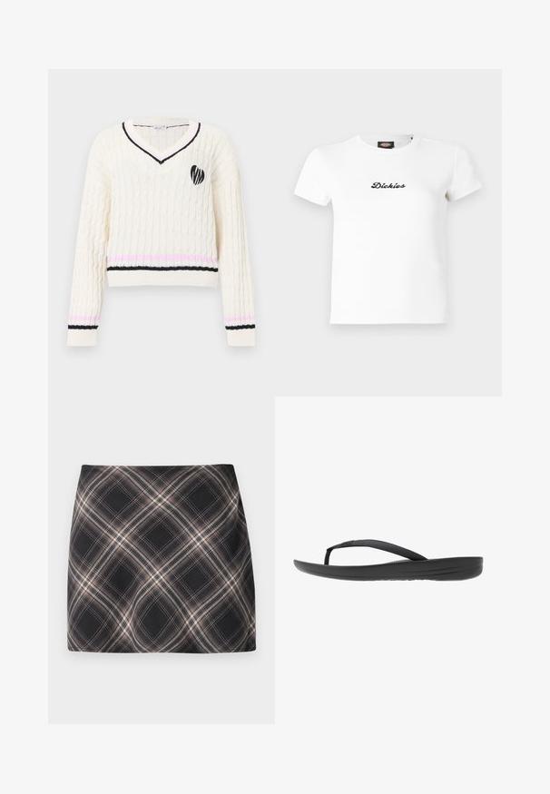 Crèmekleurige kabelgebreide V-hals trui met zwarte en roze strepen op de manchetten en zoom, met een zwart hartembleem op de borst.; Wit geribd t-shirt met korte mouwen, met een zwart cursief "Dickies"-logo in het midden aan de voorkant en een ronde halslijn.; Zwart en beige geruite minirok met diagonaal geblokt patroon, aansluitende taille en een gladde stoftextuur.; Zwarte flip-flop met een gestructureerde band, een gevoerde zool en een strak, minimalistisch ontwerp. Geschikt voor casual gebruik.