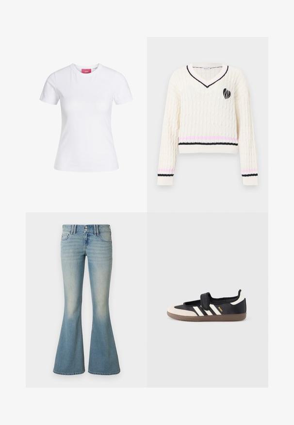 Kremfarvet kabelstrikket V-udskåret sweater med sorte og pink striber på manchetter og kant, med et sort hjerteemblem på brystet.; Hvid slimfit t-shirt med korte ærmer og rund halsudskæring med en lyserød JJXX-label indeni kraven, vist mod en ensfarvet baggrund.; Lyseblå denim flare jeans med høj talje, let falmet effekt, to forlommer og to baglommer med knaplukning.; Sort og beige sko med velcrolukning, tre hvide striber på siden og en tekstureret brun gummisål. Mærkelogo er synligt.