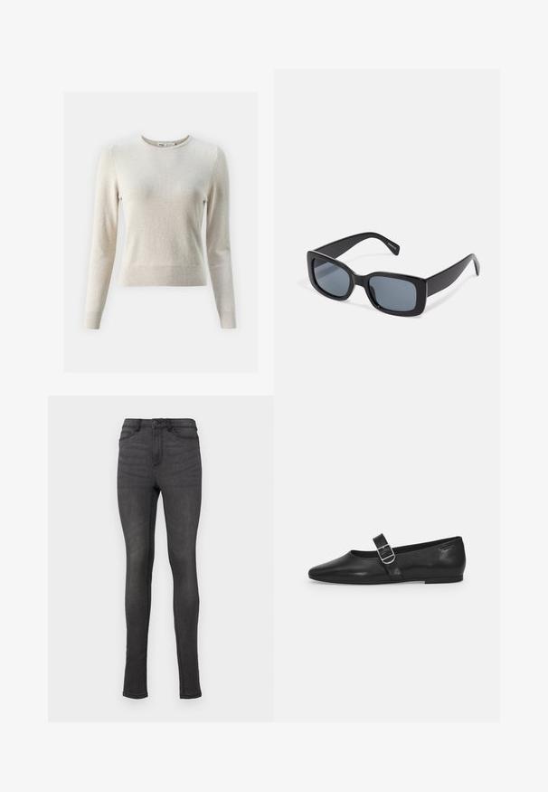 Lichtbeige, lange mouwen trui gemaakt van een zachte stof. Heeft een ronde hals, geribbelde manchetten en een getailleerd silhouet.; Skinny jeans van donkergrijze denim, met een hoge tailleband, riemlussen en een enkele knoopsluiting. Geen zichtbare slijtage of patronen.; Zwarte leren platte schoen met een ronde neus, een enkele verstelbare gespsluiting en een gladde, glanzende textuur. Minimalistisch ontwerp met een lage hak.; Zwarte rechthoekige zonnebril met donkere getinte lenzen, een dik plastic montuur en brede scharnieren. Glad oppervlak en hoekig ontwerp.
