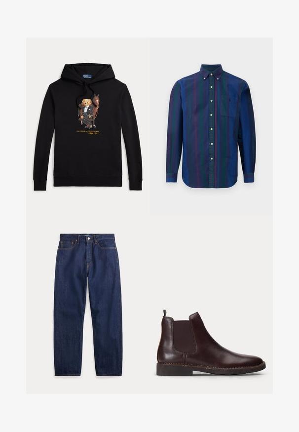 Zwarte hoodie met Polo Bear in een smoking die de teugels van een paard vasthoudt, tekst "POLO BEAR by RALPH LAUREN" onder de afbeelding.; Overhemd met knoopsluiting en verticale strepen in donkerblauw, groen en kastanjebruin. Gemaakt van stof met een soepele textuur en voorzien van een borstzak.; Donkerblauwe denim jeans met rechte pijpen, vijf zakken, knoopsluiting en zichtbare stiksels.; Donkerbruine leren Chelsea-boot met elastisch zijpaneel en lage hak, weergegeven in profiel op een witte achtergrond.