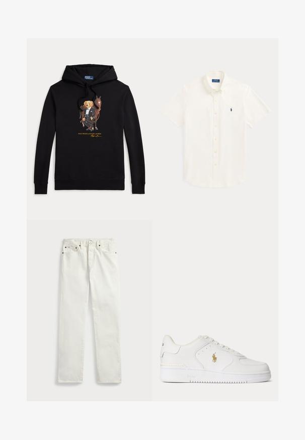 Schwarzer Hoodie mit Polo Bear im Smoking, der die Zügel eines Pferdes hält, Text "POLO BEAR by RALPH LAUREN" unter der Grafik.; Weißes kurzärmeliges Hemd mit Kragen und kleinem dunkelblauem Polo Ralph Lauren Logo auf der linken Brust.; Weiße Denim-Jeans mit geradem Schnitt, ausgestattet mit fünf Taschen, Metallknöpfen und Ziernähten entlang der Nähte. Glatte Textur.; Weißer Leder-Sneaker mit niedrigem Schnitt, weißen Schnürsenkeln und einem goldfarbenen Polo Ralph Lauren-Logo an der Seite sowie "Polo" auf der Sohle geprägt.