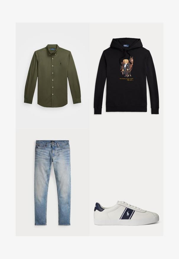 Čierna mikina s kapucňou s Polo Bear v smokingu, ktorý drží uzdu koňa, text "POLO BEAR by RALPH LAUREN" pod grafikou.; Košeľa s dlhými rukávmi a zapínaním na gombíky, vyrobená z olivovo zelenej bavlny. Má malú vyšívanú logo na hrudi, štandardný golier a gombíkové detaily.; Svetlomodré denimové nohavice s bledým povrchom, dizajnom na päť vreciek a kontrastným prešívaním. Obsahujú zips a pútka na opasok. Rovný strih.; Biele nízke tenisky s námorníckym modrým pásikom a logom na boku, s námorníckym modrým pätovým pásikom, plochou bielou podrážkou a bielymi šnúrkami.
