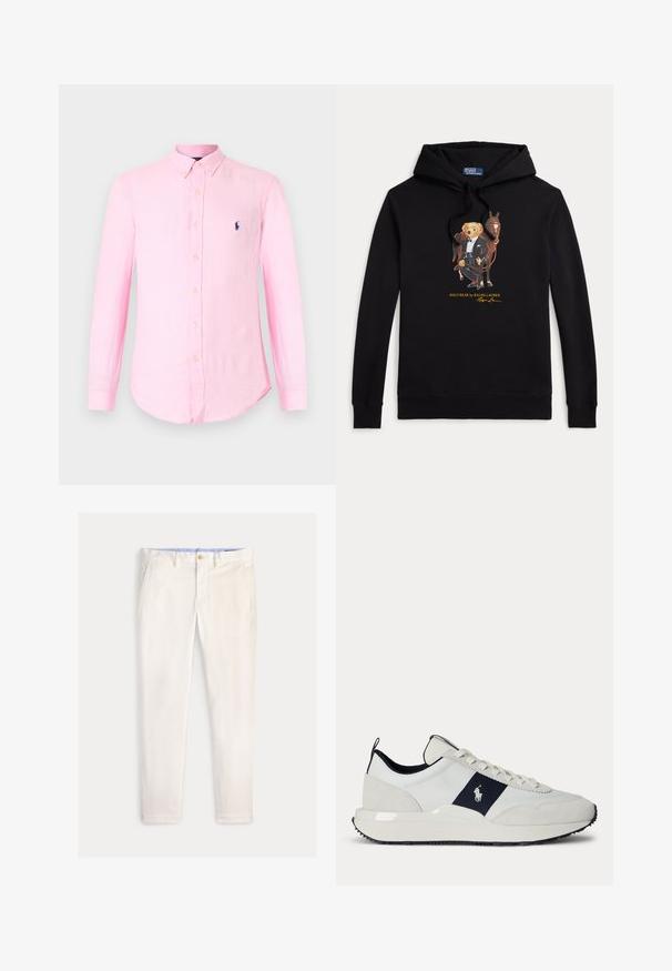 Musta huppari, jossa Polo-nalle smokissa, pitää hevosen ohjia, teksti "POLO BEAR by RALPH LAUREN" kuvan alla.; Miesten vaaleanpunainen pitkähihaiset napillinen paita, jossa on napillinen kaulus ja pieni tummansininen kirjailtu logo rinnassa.; Miesten slim fit -valkoiset housut edentaskuilla, vyölenkeillä ja napillla suljettuna yksivärisellä taustalla.; Valkoinen ja laivastonsininen tennari, jossa nyöritys edessä, musta pohja ja Polo Ralph Lauren -logo laivastonsinisellä sivuraidalla.