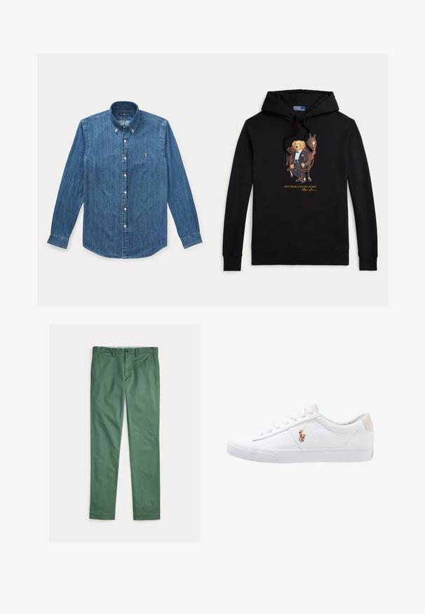 Sudadera negra con capucha con Polo Bear en esmoquin sosteniendo las riendas de un caballo, texto "POLO BEAR by RALPH LAUREN" debajo del gráfico.; Camisa vaquera azul de manga larga con botones, cuello y pequeño logo bordado en el pecho izquierdo.; Pantalones verdes de corte recto para hombre con bolsillos delanteros, trabillas para cinturón y cierre de botón, mostrados extendidos sobre un fondo blanco.; Zapatilla de lona blanca con diseño de corte bajo, que cuenta con un taco trasero beige y un pequeño logo bordado en el costado. Suela de goma.