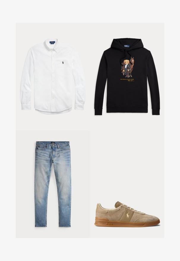 Čierna mikina s kapucňou s Polo Bear v smokingu, ktorý drží uzdu koňa, text "POLO BEAR by RALPH LAUREN" pod grafikou.; Biela košeľa s dlhým rukávom na gombíky, golierom na gombíky a malým tmavým logom Polo Ralph Lauren na ľavej strane hrudníka.; Svetlomodré denimové nohavice s bledým povrchom, dizajnom na päť vreciek a kontrastným prešívaním. Obsahujú zips a pútka na opasok. Rovný strih.; Béžové nízke tenisky z brúseného semišu a kože s gumovou podrážkou, bielymi šnúrkami a logom Polo na boku a na podrážke.