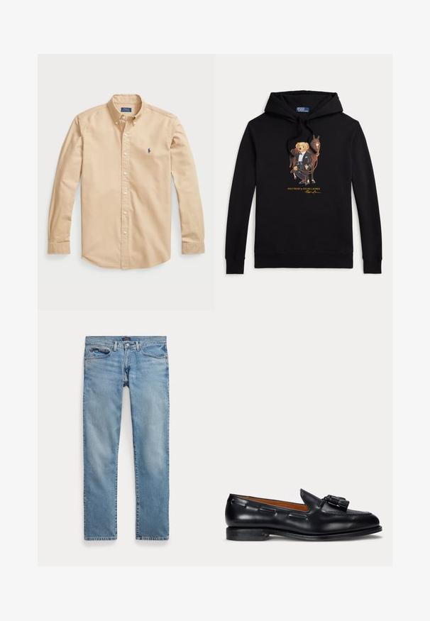 Zwarte hoodie met Polo Bear in een smoking die de teugels van een paard vasthoudt, tekst "POLO BEAR by RALPH LAUREN" onder de afbeelding.; Lichtbeige overhemd met knopen van katoen, met een klassieke kraag, lange mouwen, witte knopen en een klein blauw logo op de borst.; Lichtblauwe recht gesneden spijkerbroek met voorzakken en knoopsluiting, plat gelegd op een witte achtergrond.; Zwarte leren loafer met kwastdetail en lage hak, zijaanzicht tegen een effen achtergrond.