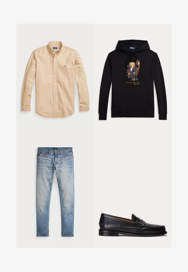 Čierna mikina s kapucňou s Polo Bear v smokingu, ktorý drží uzdu koňa, text "POLO BEAR by RALPH LAUREN" pod grafikou.; Svetlo béžová košeľa s gombíkmi z bavlny, ktorá má klasický golier, dlhé rukávy, biele gombíky a malé modré logo na hrudi.; Svetlomodré denimové nohavice s bledým povrchom, dizajnom na päť vreciek a kontrastným prešívaním. Obsahujú zips a pútka na opasok. Rovný strih.; Čierny kožený mokasín s nízkym podpätkom a detailom s penny remienkom, zobrazený z boku na svetlosivom pozadí.
