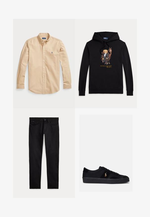 Schwarzer Hoodie mit Polo Bear im Smoking, der die Zügel eines Pferdes hält, Text "POLO BEAR by RALPH LAUREN" unter der Grafik.; Helles beige Baumwollhemd mit Knöpfen, klassischem Kragen, langen Ärmeln, weißen Knöpfen und einem kleinen blauen Logo auf der Brust.; Schwarze Slim-Fit-Jeans mit vorderen und hinteren Taschen, Gürtelschlaufen sowie Knopf- und Reißverschluss, flach auf weißem Hintergrund liegend.; Schwarze Sneakers mit einem Obermaterial aus Stoff und Wildleder, runder Zehenpartie, flacher Gummisohle und gesticktem Logo an der Seite. Schnürdesign mit sechs Ösen.